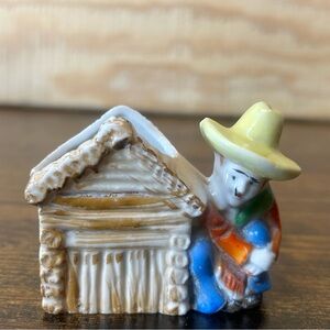 Vintage glass toothpick holder colorful senior Spanish woman with hat